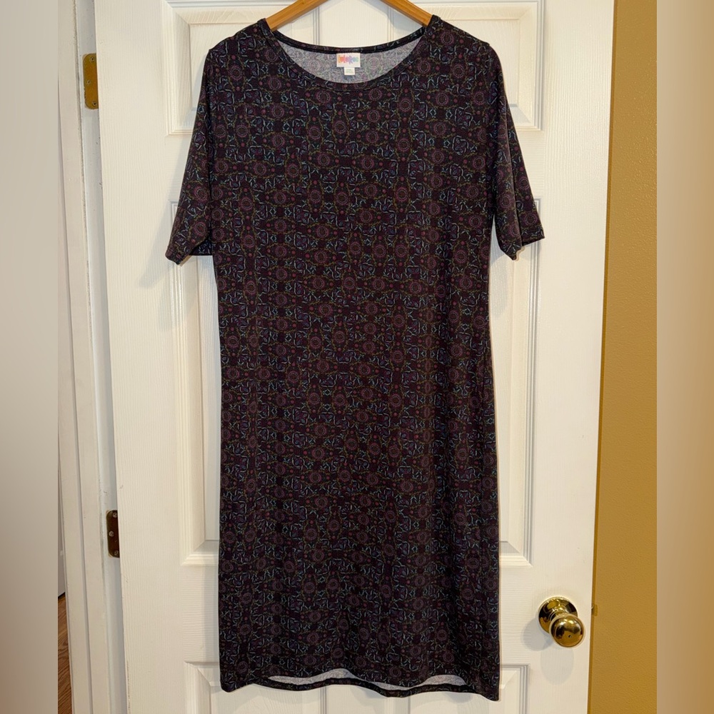 LuLaRoe Black and Blue Patterned Midi Dress. EUC